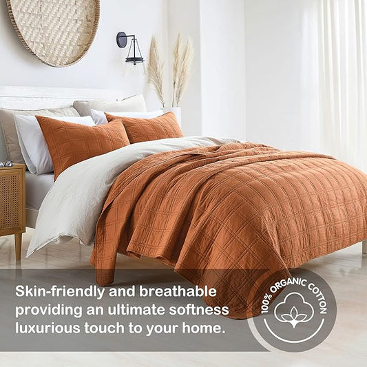 HORIMOTE HOME 100% Cotton Quilt Twin Size Burnt Orange Bedspread, Pre-Washed 2-Piece Cozy Lightweight Stitching Bedding Cover Coverlet Set with 1 Sham in Geometric Pattern for All Season