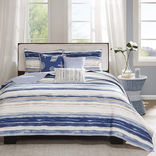 Madison Park Quilt Set Cottage Coastal Design, 6 Piece Set - All Season, Coverlet Bedspread Lightweight Bedding Layer, Shams, Toss Pillows, King/Cal King(104"x94"), Blue/White