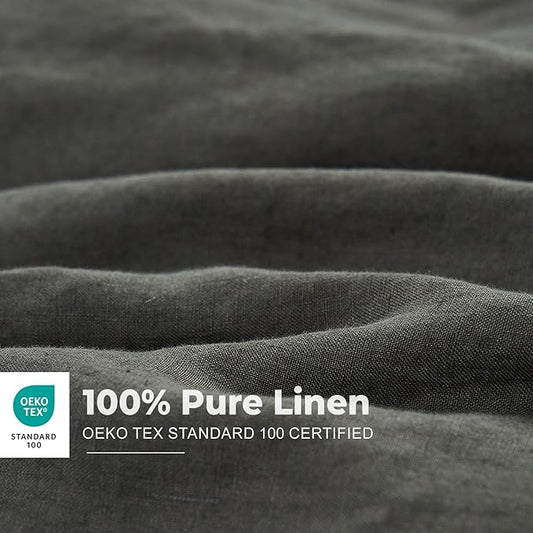 Simple&Opulence 100% Washed Linen Duvet Cover with Embroidered, 3 Pieces Soft Farmhouse Comforter Set with Button Closure,1 Duvet Cover and 2 Pillowshams(Queen,Charcoal Grey)