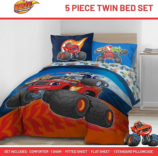 Jay Franco Kids Comforter Set Includes Sheets and Pillow Covers - Soft and Cozy Bed Set for Stylish Room Decor, Blue - Blaze and The Monster Machines, 5 Piece Twin Size Bedding