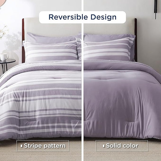 Bedsure Full Comforter Set 7 Pieces, Purple Striped Bedding Set for All Seasons, Reversible, Cationic Dyeing Bed in a Bag with Comforter, Sheets, Pillowcases & Shams