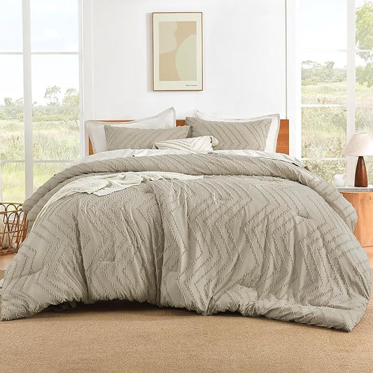 Litanika Oatmeal King Comforter Set, 3 Pieces Lightweight Tufted Bedding Sets, Down Alternative Comforter Fluffy Bed Set Gift Choice