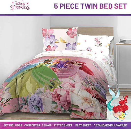 Jay Franco Disney Princess Twin Size Comforter Set - 5 Piece Bedding Includes Sheet Set & Pillow Covers - Super Soft Cozy Floral Bedding with Cinderella and Ariel
