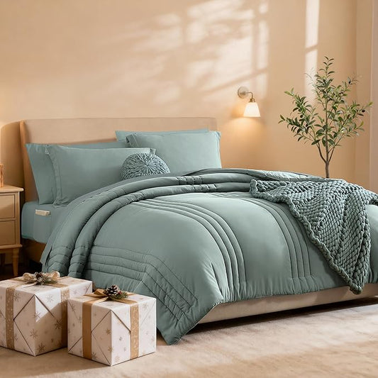 Monbix Super King Size Comforter Set - 7 Pieces Sage Green Bed in a Bag Super King Bedding Sets with Comforters, All Seasons Comforter Bed Set with Sheets,Pillowcases & Shams