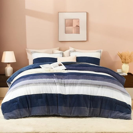 Litanika Fluffy Fleece King Size Comforter Set, Luxury Soft Plush Fuzzy Mineral Blue Stripe Bedding Comforter Sets, Warm Shaggy Faux Fur Bed Set All Season (1 Comforter, 2 Pillowcases)