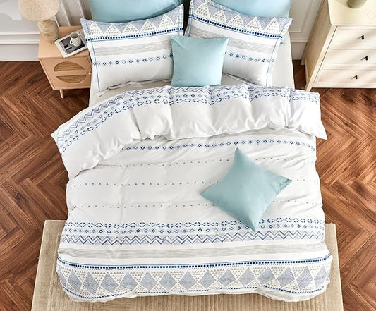 SLEEPBELLA Boho Queen Size Duvet Cover Set - Cotton Reversible Blue/White with Button Closure & Soft, Breathable Fabric