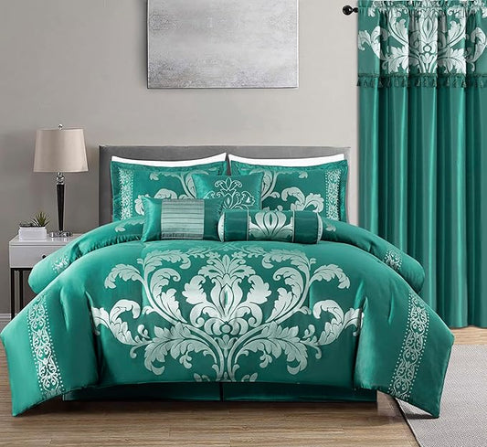 Chezmoi Collection 7-Piece Jacquard Floral Comforter Set (King, Green/Silver)