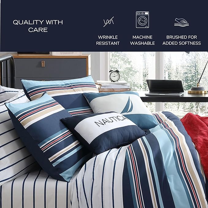 Nautica - Queen Comforter Set, Soft Woven Bedding with a Lightweight for Year Round Comfort, 5 Piece Bed Set with Matching Pillowcases & Bonus Throw Pillows (Colton Blue)