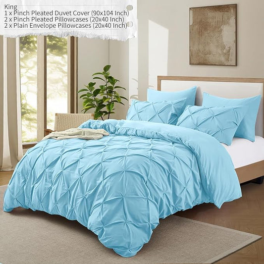 VACVELT 5 Piece Pinch Pleated Duvet Cover King Size Set, Light Blue Pintuck Duvet Cover with Zipper & 8 Ties, Shabby Chic Microfiber Duvet Cover + 2 Pillow Shams + 2 Pillowcases, No Comforter