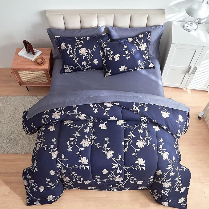 AIKASY Bed in a Bag King Comforter Set,7 Pieces Floral Comforter Set Bedding Sets with (1 Comforter, 2 Pillow Shams, 1 Flat Sheet, 1 Fitted Sheet, 2 Pillowcases) (Navy, King)