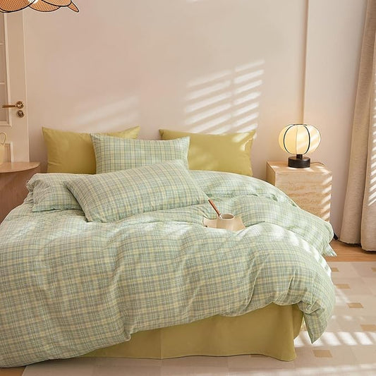 EAVD Green Gingham Duvet Cover King Size Washed Cotton Bedding Set 3 Pieces Multicolor Grid Plaid Duvet Cover with 2 Pillowcases Modern Farmhouse Gingham Bedding Set with Zipper Closure