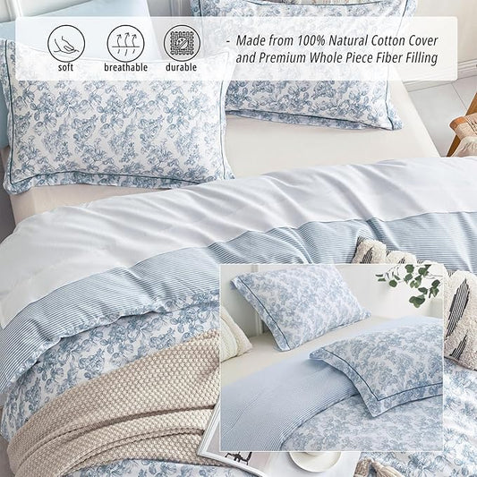 Vintage Cotton Comforter King Size 3Pcs - Elegant Pale Slate Blue Floral Pattern on White with Light Blue & White Striped Reverse, Luxurious Lightweight Bedding Sets with Soft Fill(104"×90")