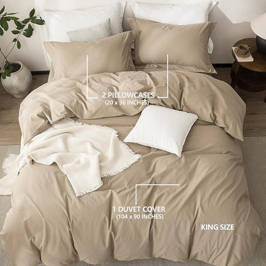 Linen Feel Duvet Cover King Size 104inch x 90inch,100% Washed Cotton Duvet Cover with Zipper Closure and 2 Pillowcases, Color of Mocha Brown