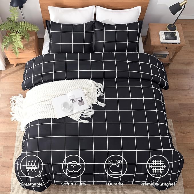 Andency Black Grid Comforter Set King(104x90Inch), 3 Pieces (1 Plaid Comforter and 2 Pillowcases) Black Plaid Comforter Set, Lightweight Polyester Gingham Geometric Comforter Bedding Set
