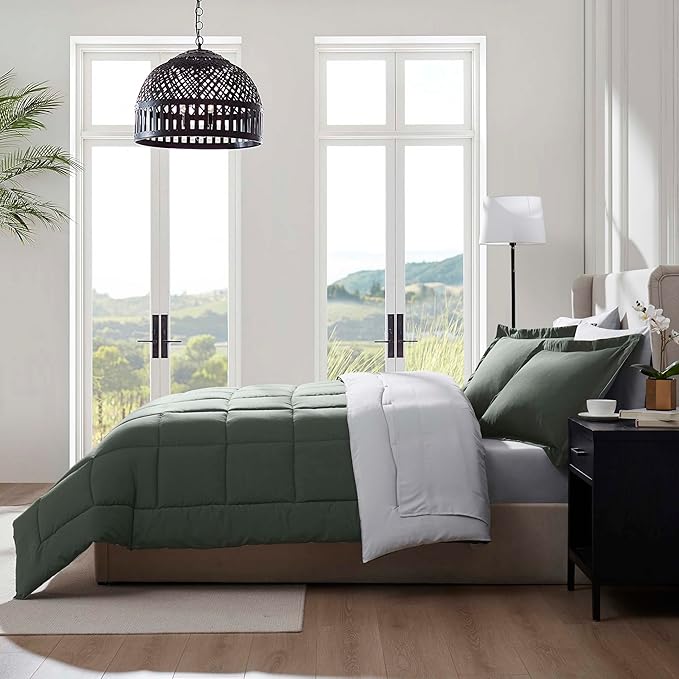 Nestl 7 Piece California King Comforter Set – Olive Green Reversible Bed in a Bag – Complete Cal King Size Bedding Set with Sheets, Pillowcases and Shams