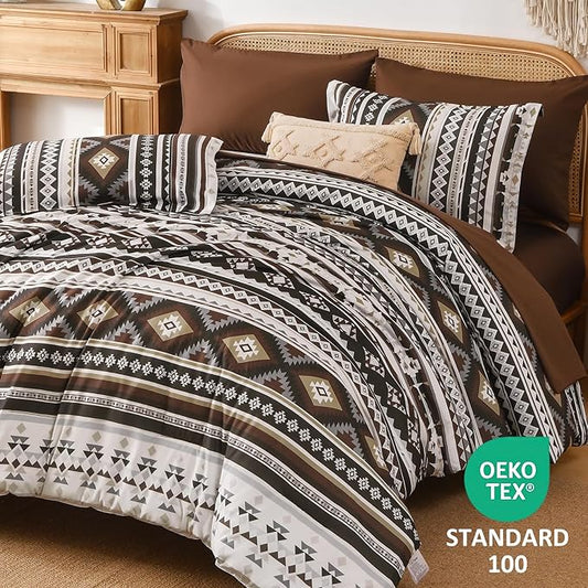 Dinjoy Boho King Size Bed in A Bag 7 Pieces,Drak Brown/Coffee Comforter Set Aztec Striped Fall Bedding Set Bohemian Complete Set Western Geometric Taupe Comforters for Women Men 90"×104"