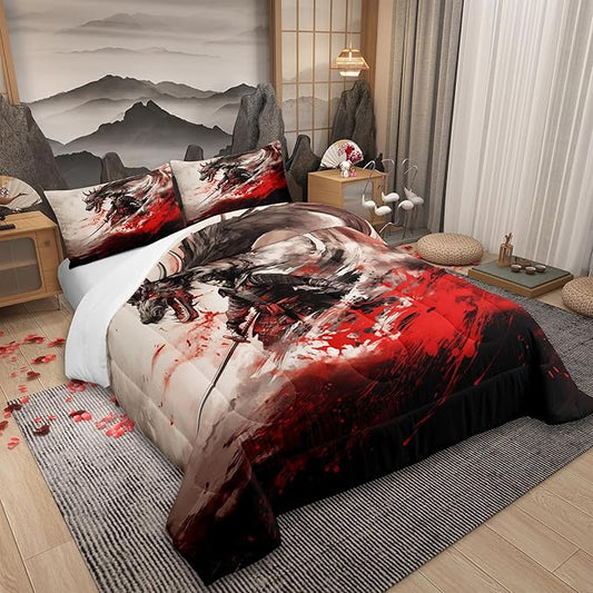 Japanese Samurai Comforter Set Full Size,Black Red White Ink Style Duvet Insert 3Pcs,Dragon Sword Traditional Pattern Bedding Set for Kids Boys Girls Room Decor,Luxury Soft Quilt Set,2 Pillowcases