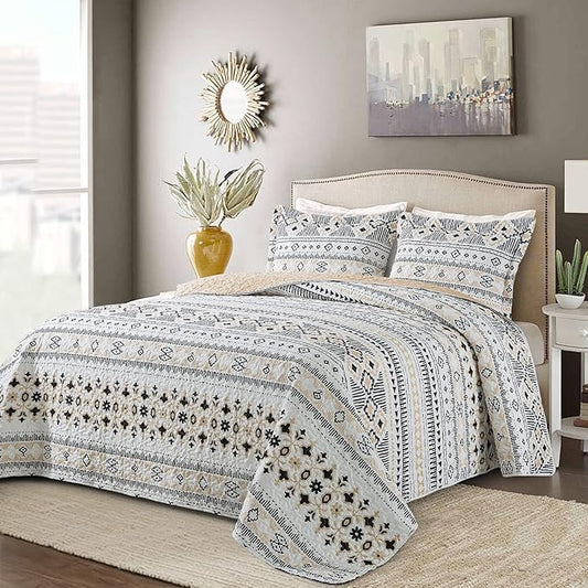 BEDIFANY Boho Quilt Bedding Set, 3 Pieces Stripe Queen Bedspread Lightweight Boho Queen Quilt, All-Season Bed Spread Coverlet Set for Bed Decoration