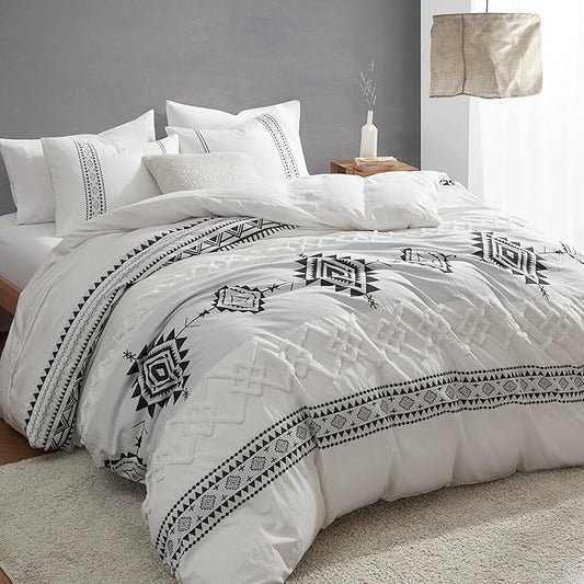 Oli Anderson Boho Duvet Cover Set Queen Size, Black and White Color Clash 3 PCS Microfiber Bedding Set, Durable and Super Soft Duvet Covers with Zipper and Ties, 90"*90"