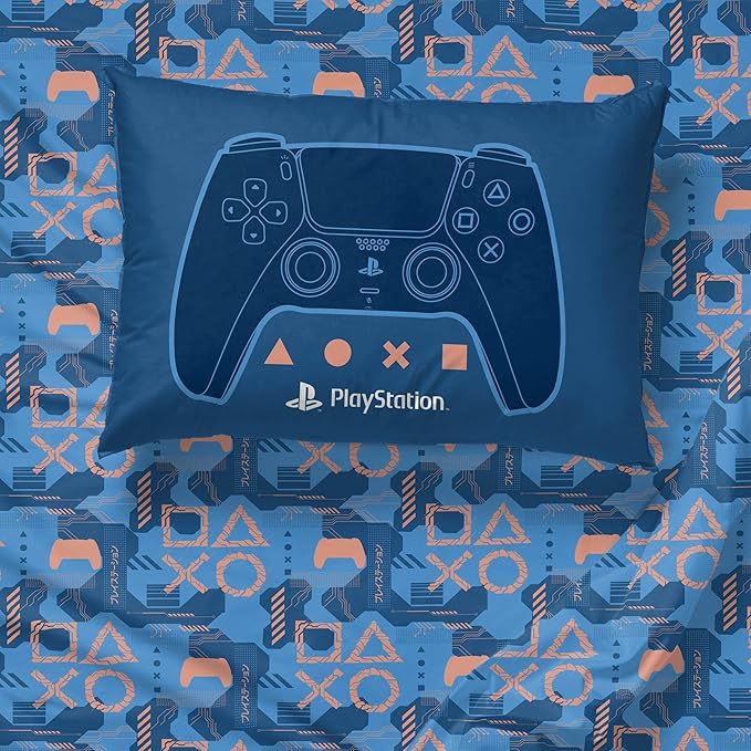 Jay Franco Kids Sheet Cartoon Set with Fitted, Flat Sheets & Pillow Cover - Ultra-Soft Bedding with Pillowcase for Room Decor, Blue - PlayStation, 3 Piece Twin
