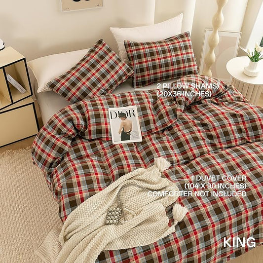 ECOCOTT Buffalo Plaid Duvet Cover King Size– 3 Piece Washed Cotton Bedding Set with Classic Checkered Pattern, Red & Brown Duvet Cover with Pillowcases for All Seasons