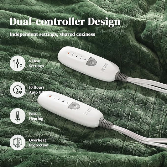 Heated Blanket King Size 90"x100" Electric Blanket King with Dual Control 5 Heat Settings, 10H Auto Off, FCC/ETL Certified, Wheat Pattern Flannel, Grandma, Machine Washable, Green