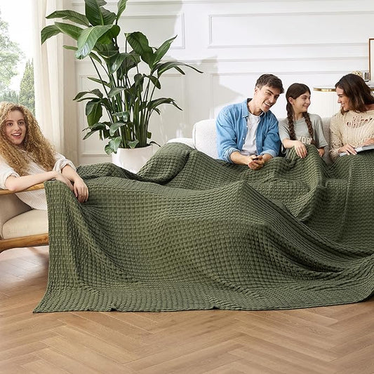 Bedsure Cooling Cotton Waffle Oversized King Blanket - Lightweight Breathable Rayon Derived from Bamboo for Hot Sleepers, Luxury Throws for Bed and Sofa, Olive Green, 120x96 Inches