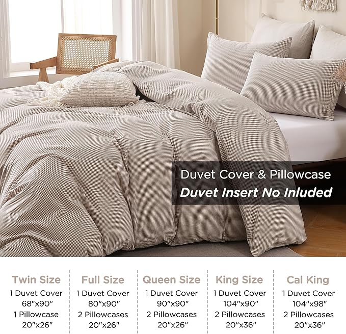 TOCOMOA Mini Gingham Tan Duvet Cover Bedding Set 100% Washed Cotton Like Linen Feel Super Soft Comfy 3 Piece Brown Small Plaid Checkered Fall Comforter Cover Set (Full 80"x90", Comforter Not Included)