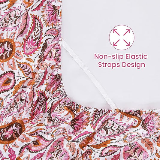 Softan Pink Paisley Floral Queen Sheet Set, Cozy Boho Microfiber Printed Fitted Bed Sheet with 15" Deep Pockets & Corner Non-Slip Straps, Patterned Sheets & Pillowcase Set