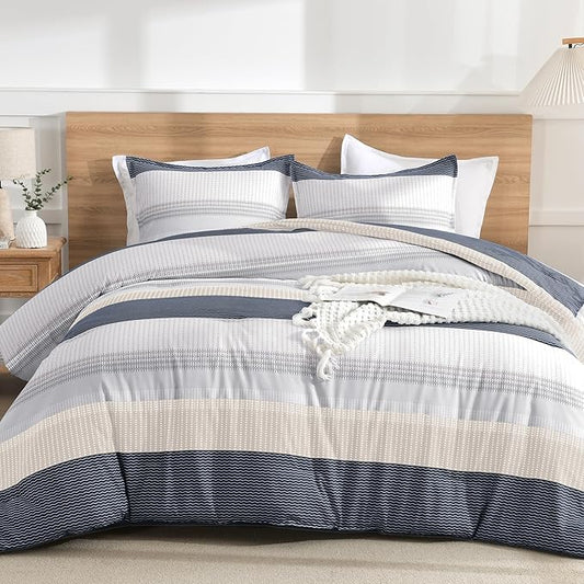 Litanika Comforter Set King Size Blue Yellow - 3 Pieces Lightweight Blue Yellow White Colorblock Stripe Fluffy Bedding Comforter Sets, All Season Bed Set