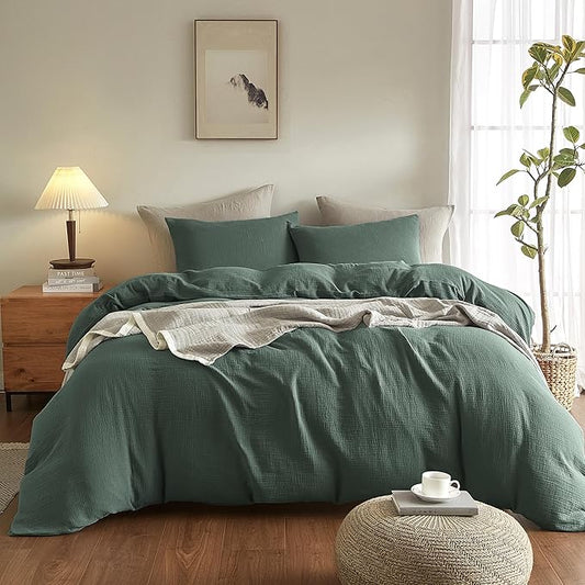 SE SOFTEXLY Muslin Duvet Cover Queen Size, 100% Washed Cotton Duvet Cover Set, Ultra Soft Comforter Cover Linen Like, 3 Pieces Minimalist Gauze Duvet Cover with 2 Pillowcases, 90"x90", Forest Green