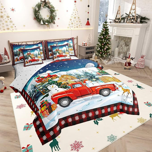 Cartoon Christmas Truck Comforter Set Bed in a Bag 7 Pieces King,Watercolor Snowman Santa Claus Bedding Set, Cabin (Comforter+Fitted+Flat Sheet+2 Pillowcases+2 Throw Pillow Covers)