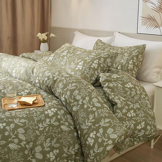 HighBuy Olive Green Comforter Set Twin XL 3 Pieces Aesthetic Floral Print Comforter Cute Flowers Bedding Set for Boys Girls with 2 Pillowcases for All Season - King Size Floral Comforter Set