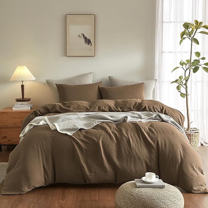 SE SOFTEXLY Muslin Duvet Cover Queen Size, 100% Washed Cotton Duvet Cover Set, Ultra Soft Comforter Cover Linen Like, 3 Pieces Minimalist Gauze Duvet Cover with 2 Pillowcases, 90"x90", Dark Brown