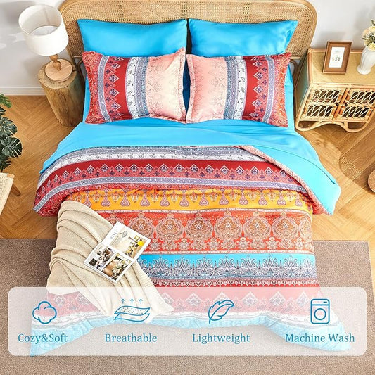 Boho Comforter Set Queen - 7 Pieces Bed in a Bag, Bohemian Striped Comforter Set with Sheets, Soft Microfiber Colorful Floral Bedding Set for All Season