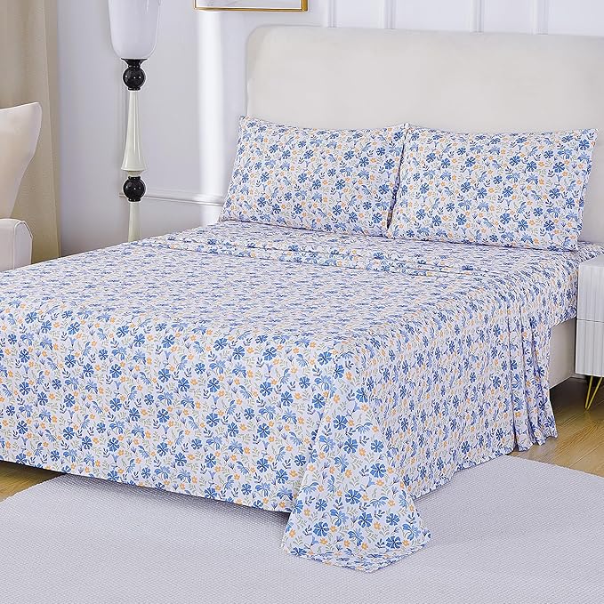 Softan Vintage Blue Floral Full Bed Sheets, Cozy Microfiber Flower Printed Sheets with 15" Deep Pocket Fitted Sheet & Non-Slip Straps, Patterned Floral in Blue & Amber Sheets & Pillowcase Set