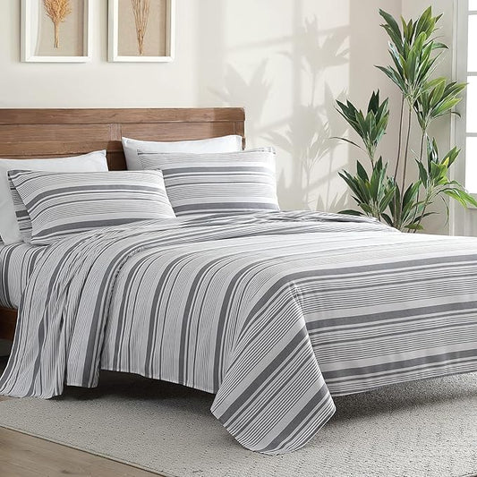ClevaHome Classic Stripe Sheet Set - 4 Pieces Super Soft & Breathable Bed Sheet Set with Deep Pocket, Enhanced Comfort & Easy Care (King, Stone Stripe)