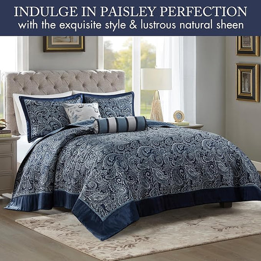 Madison Park Aubrey Reversible Quilted Bedspread Set, Solid Reverse Summer Breathable, Lightweight All Season Bedding Layer, Matching Shams, Bedspread King(120"x118"), Navy 5 Piece