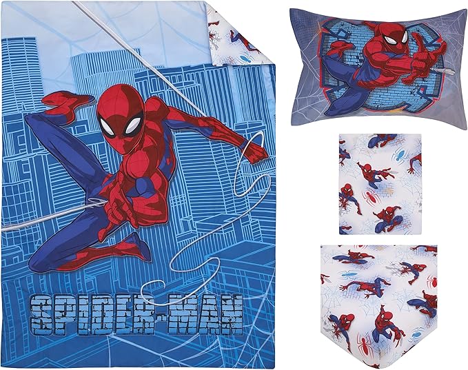 Disney Marvel Spiderman Wall Crawler Red, White, and Blue Spider Webs 4 Piece Toddler Bed Set - Comforter, Fitted Bottom Sheet, Flat Top Sheet, and Reversible Pillowcase