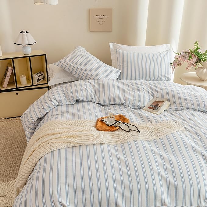 ECOCOTT Striped Duvet Cover King Size -100% Washed Cotton Linen Like Textured Breathable Durable Soft Comfy Bedding Set with Zipper Closure & Corner Ties