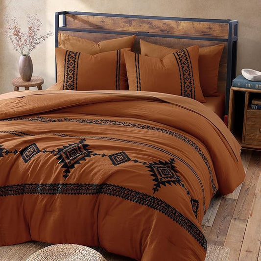 MaiRêve Super King Comforter Set Burnt Orange, Embroidery Western Boho Bedding Set 7 Pieces, All Season Farmhouse Bed in A Bag Comforter Set with Sheets, Pillowcases & Shams
