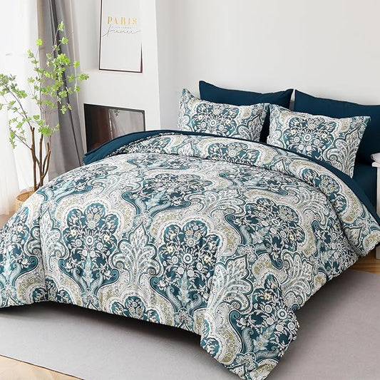 Drucon Paisley Comforter Set King Size, 7 Pieces Bed in a Bag Boho Comforter, Soft Lightweight Microfiber Bedding Set (1 Comforter, 1 Flat Sheet, 1 Fitted Sheet, 2 Pillow Shams, 2 Pillowcases)