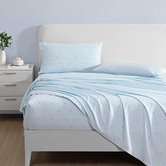 Laura Ashley - Twin Sheets, Cotton Percale Bedding Set, Lightweight & Breathable Home Decor (Turtle Gingham Blue, Twin)