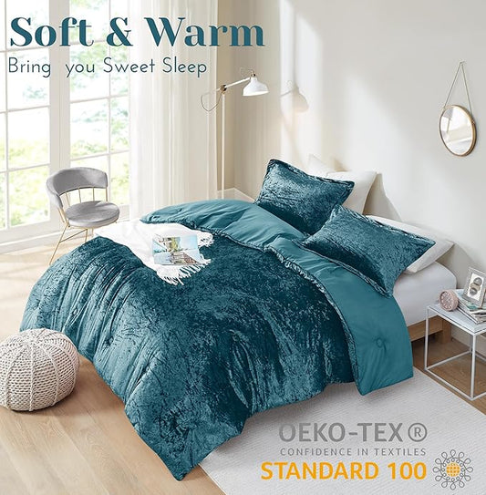 Comfort Spaces Juliette Luxe Comforter Set Velvet Lush with Soft Brushed Microfiber Reverse, All Season Cozy Velvet Bedding Sets, Fluffy Comforter Bed Set, Matching Sham, Teal Twin/Twin XL 2 Piece