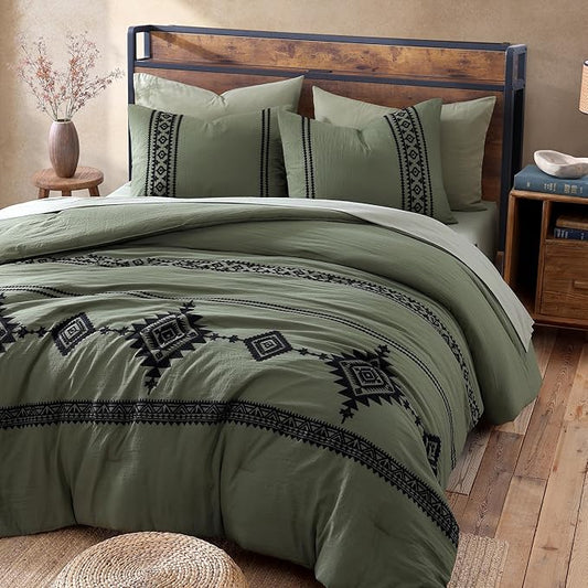 MaiRêve Super King Comforter Set Dark Olive Green, Embroidery Western Boho Bedding Set 7 Pieces, All Season Farmhouse Bed in A Bag Comforter Set with Sheets, Pillowcases & Shams