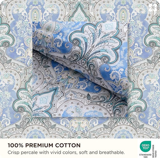 Bedsure Duvet Cover Queen Size - 100% Cotton Reversible Classic Paisley Damask Pattern Duvet Cover Set, 3 Pieces Soft & Breathable PureWoven Bedding Set with 2 Pillow Shams (Blue Paisley 90"x90")