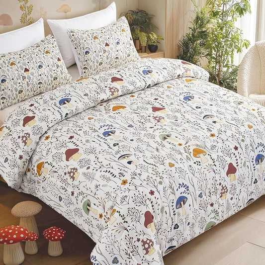 Mushroom Comforter Set 3 Piece, Colorful Mushrooms Decor California King Bedding with Plants and Flowers, Aesthetic Cute Mushroom Room Decor Comforter for Kids Adults Boys Girls, California King