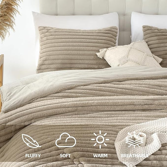 Smoofy Fluffy Full Size Comforter Sets 3 Pieces - Linen Fleece Fluffy Comforter Set, Luxury Fuzzy Full Bedding Set, Soft Comforter Full Size All Season, Heavy Faux Fur Comforter with 2 Pillow Cases