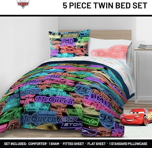 Jay Franco Kids Comforter Set Includes Sheets and Pillow Covers - Soft and Cozy Bed Set for Stylish Room Decor, Black - Cars, 5 Piece Twin Bedding