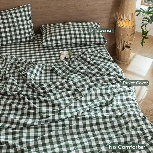 MooMee Gingham Duvet Cover Set 100% Washed Cotton Linen Like Textured Breathable Durable Soft Comfy Modern Checkered Design (Buffalo Plaid Forest Green, Twin 68"x90")